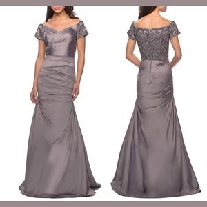 la femme beaded back off the shoulder gown